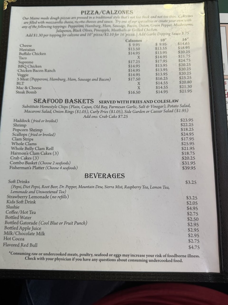 Casual menu with lunch and dinner items.